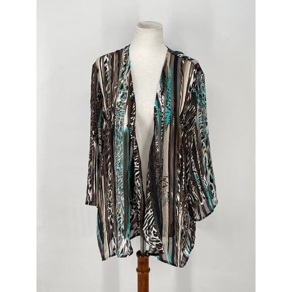 Chico’s Leopard Print Stripe Sheer Open Front‎ Waterfal Cardigan Size XL/16 - Picture 1 of 6